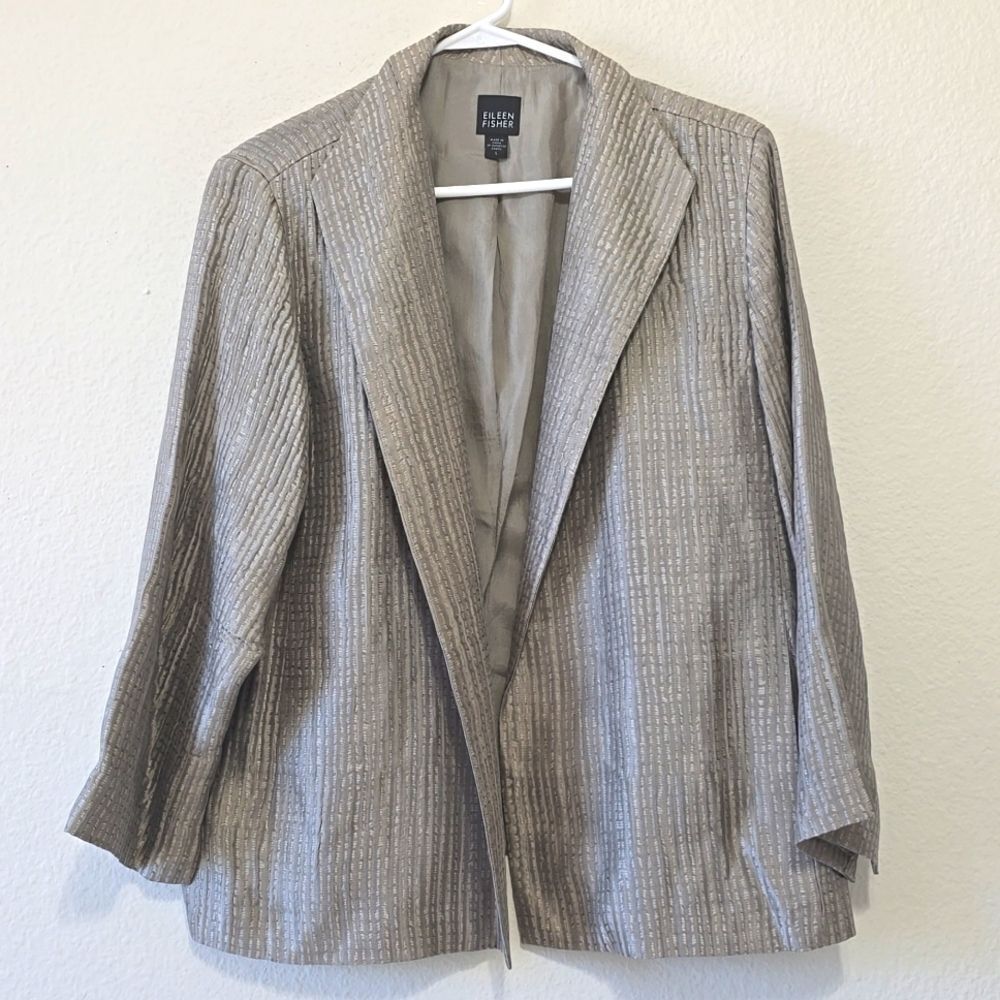 EILEEN FISHER SILK PLEATED STAND COLLAR CRINKLE 3/4 SLEEVES OPEN JACKET SZ L
